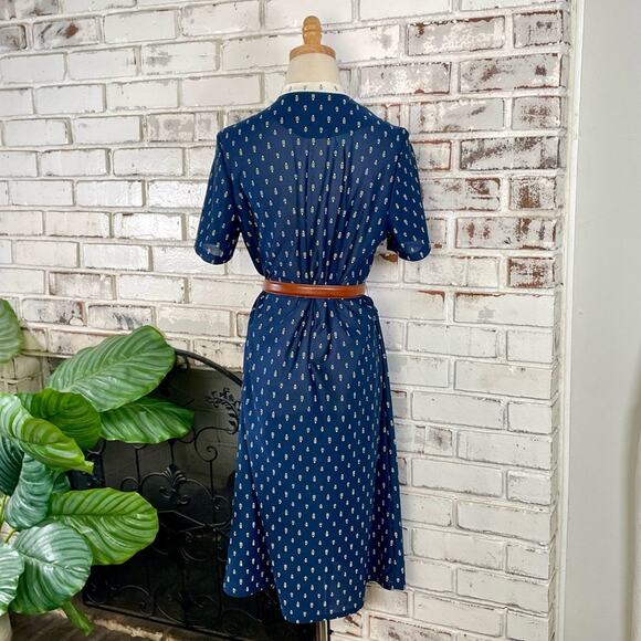 Vibtage 60s 70s Navy Cream Star Pattern Short Sleeve Midi Shirt Dress - Picture 7 of 11